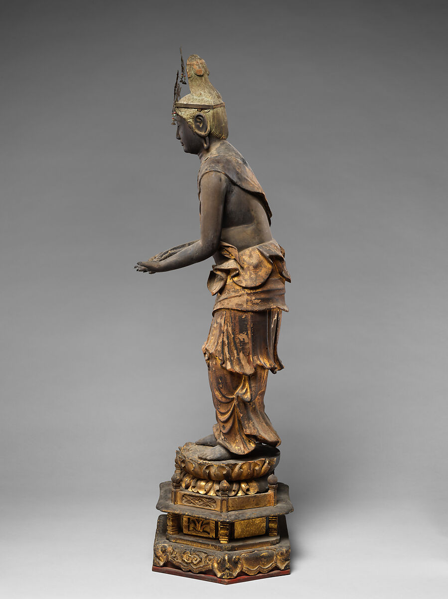 Attendant Bodhisattva Kannon, Wood with lacquer, gold paint, gold leaf, and inlaid crystal, Japan