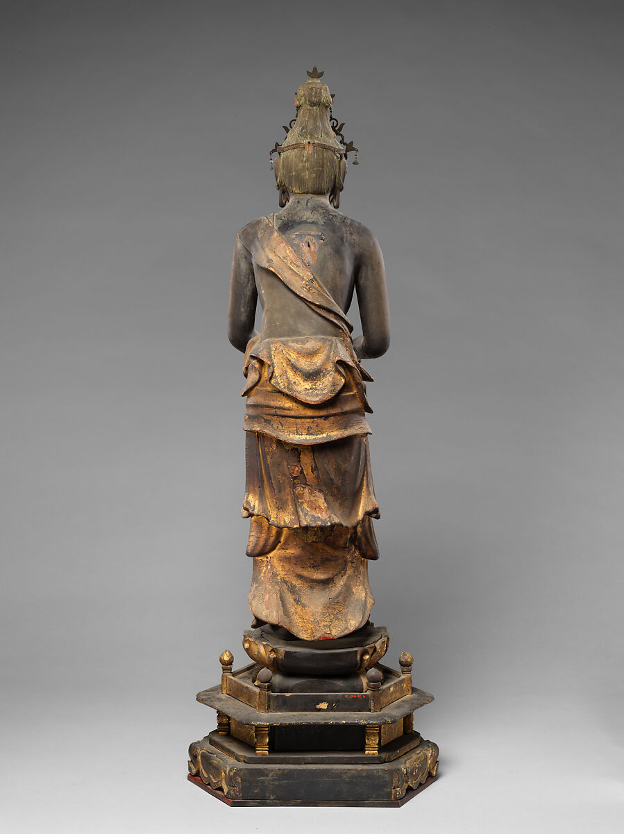 Attendant Bodhisattva Kannon, Wood with lacquer, gold paint, gold leaf, and inlaid crystal, Japan