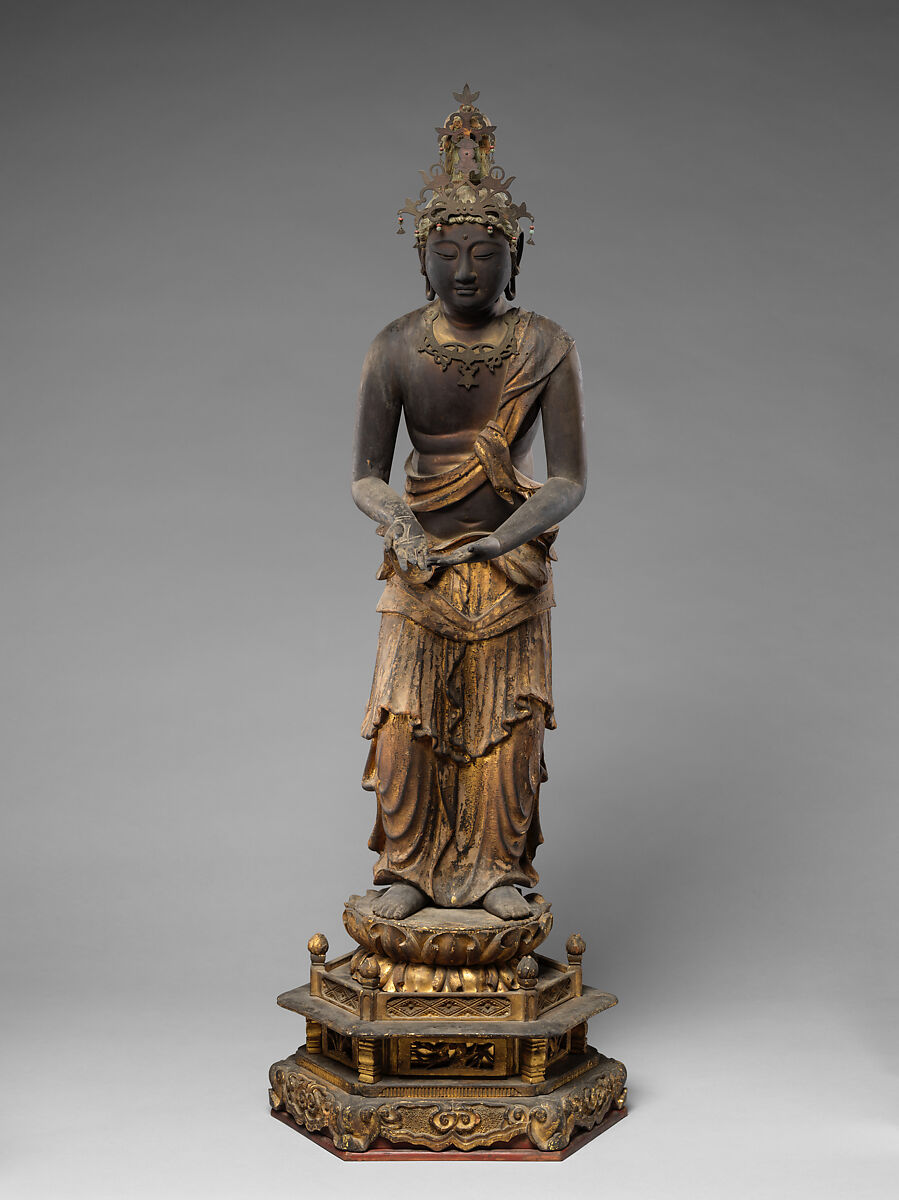 Attendant Bodhisattva Kannon, Wood with lacquer, gold paint, gold leaf, and inlaid crystal, Japan 