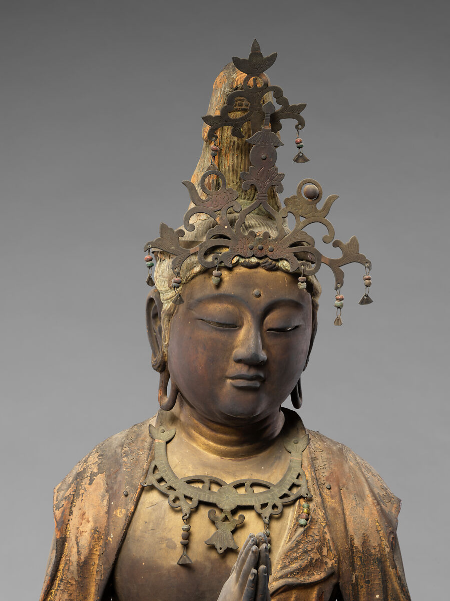 Attendant Bodhisattva Seishi, Wood with lacquer, gold paint, gold leaf, and inlaid crystal, Japan