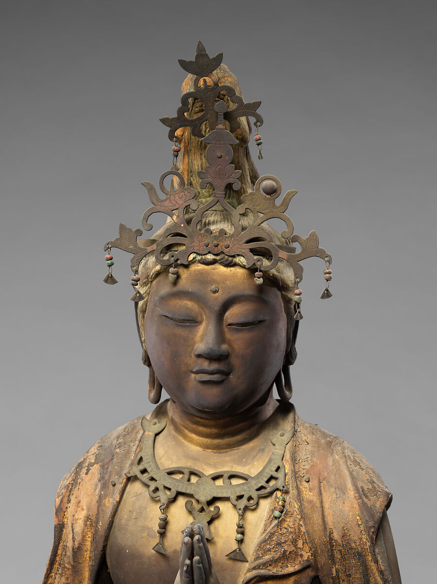 Attendant Bodhisattva Seishi, Wood with lacquer, gold paint, gold leaf, and inlaid crystal, Japan