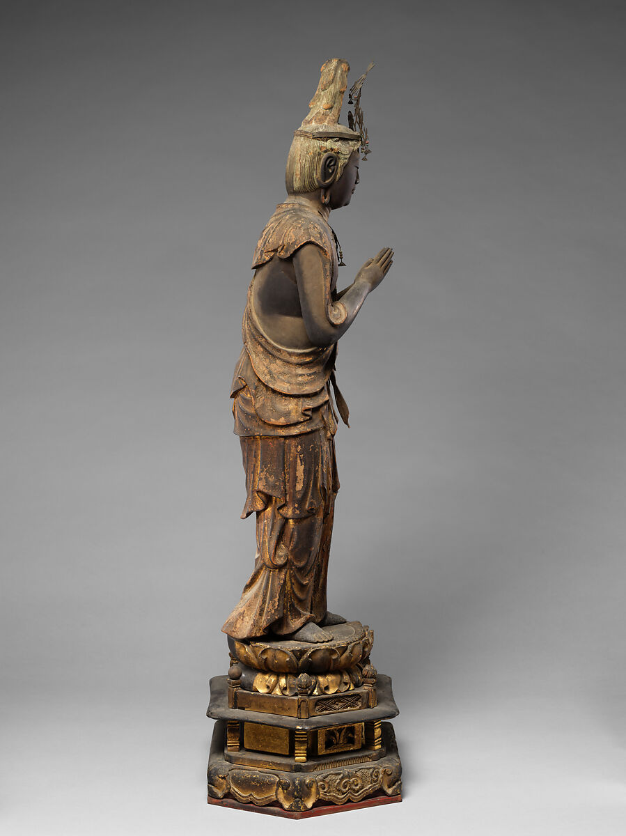 Attendant Bodhisattva Seishi, Wood with lacquer, gold paint, gold leaf, and inlaid crystal, Japan