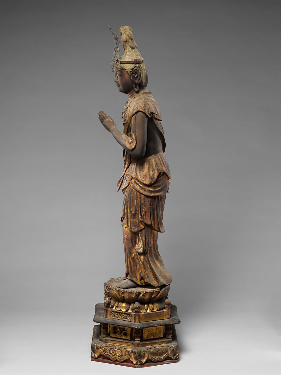 Attendant Bodhisattva Seishi, Wood with lacquer, gold paint, gold leaf, and inlaid crystal, Japan