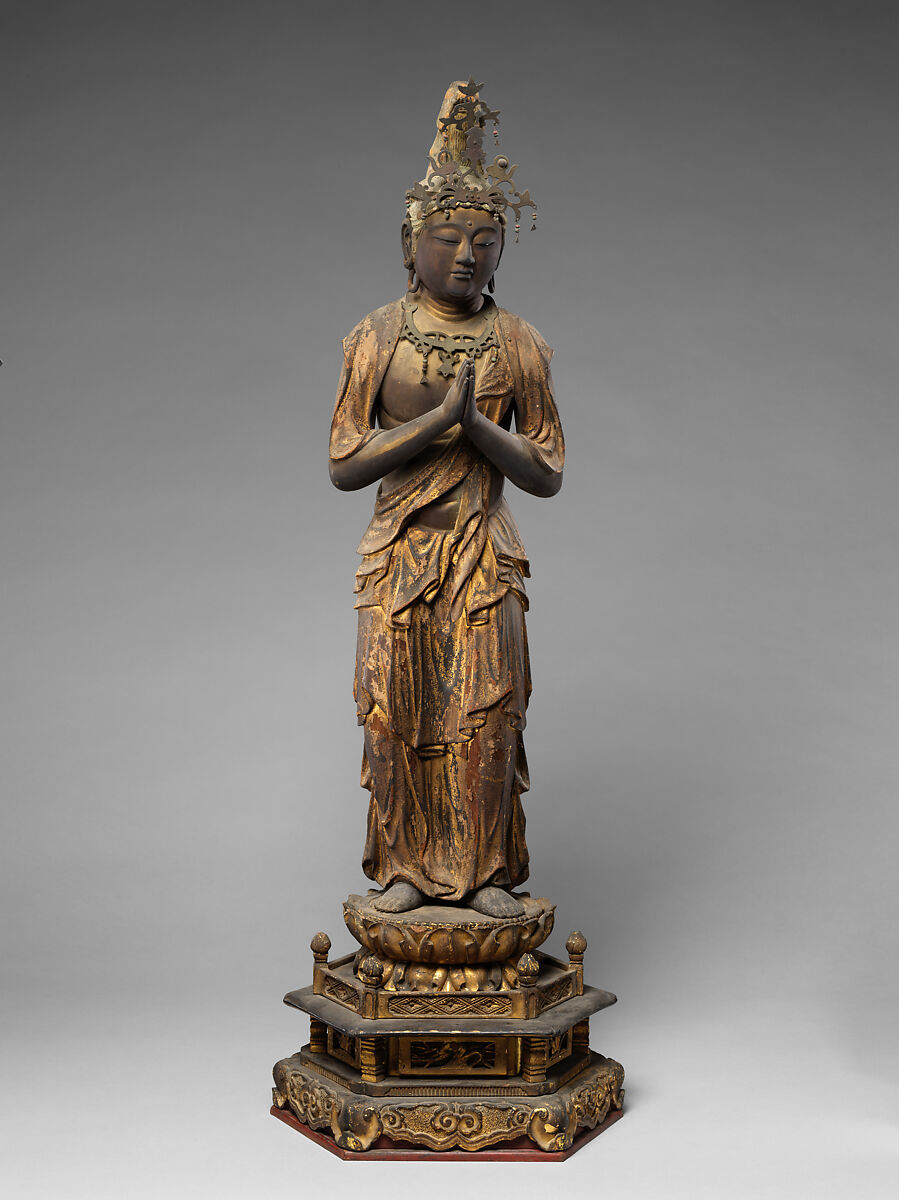 Attendant Bodhisattva Seishi, Wood with lacquer, gold paint, gold leaf, and inlaid crystal, Japan 