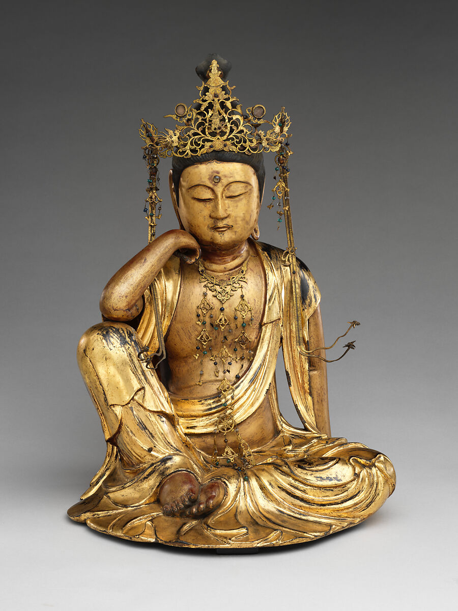 Nyoirin Kannon, Wood with gold, gold leaf, lacquer,and crystal inlay, Japan