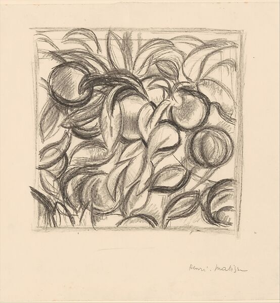 "Peaches and Leaves" after Cézanne, Henri Matisse (French, Le Cateau-Cambrésis 1869–1954 Nice), Charcoal on paper 