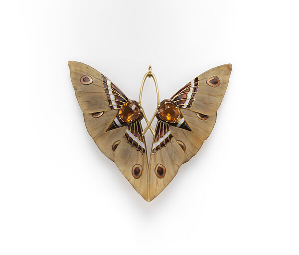 "Moth" Pendant, Lucien Gaillard (French, Paris 1861–1942 Paris), Pendant: Gold, champlevé enamel, citrines, carved horn; Box: cardboard, silk 