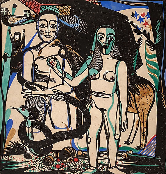 Adam and Eve, Heinrich Campendonk (German, Krefeld 1889–1957 Amsterdam), Woodcut with watercolor 