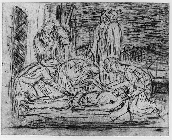 The Lamentation over the Dead Christ, from ¦The Poussin Project: A Series of Prints after Nicolas Poussin¦, Leon Kossoff (British, Islington 1926–2019 London), Etching and aquatint 