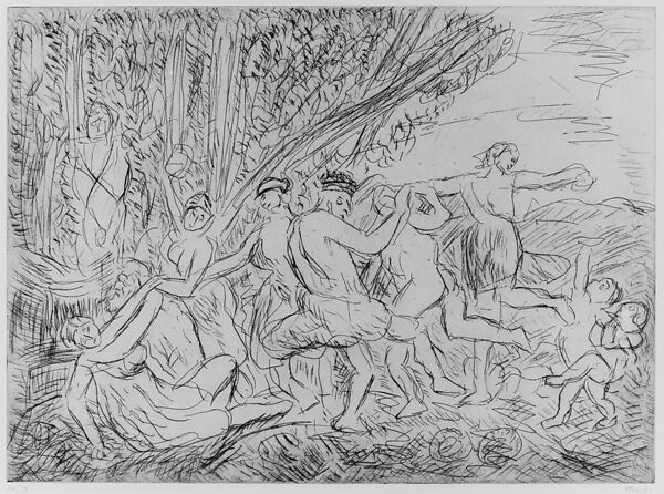 Bacchanal Before a Herm, from ¦The Poussin Project: A Series of Prints after Nicolas Poussin¦, Leon Kossoff (British, Islington 1926–2019 London), Etching 