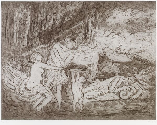 Cephalus and Aurora (#2), from ¦The Poussin Project: A Suite of Prints after Nicolas Poussin¦, Leon Kossoff (British, Islington 1926–2019 London), Etching and aquatint 