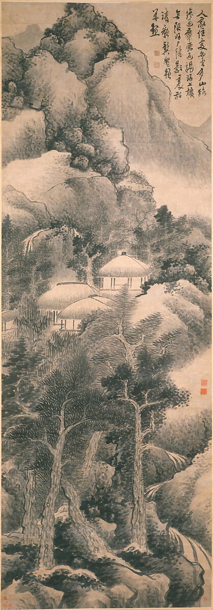 Dwelling among mountains and clouds, Attributed to Gong Xian (Chinese, 1619–1689), Hanging scroll; ink on paper, China 