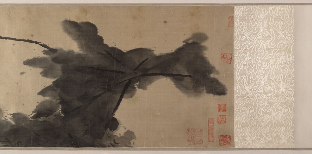 Birds in a lotus pond, Bada Shanren (Zhu Da) (Chinese, 1626–1705), Handscroll; ink on satin, China