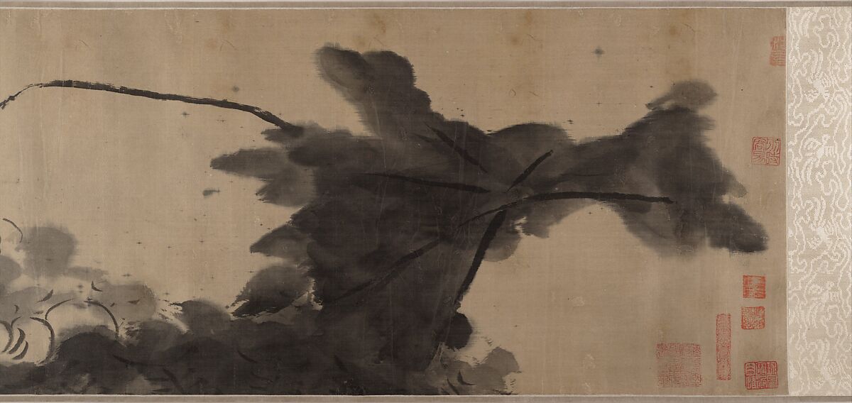 Birds in a lotus pond, Bada Shanren (Zhu Da) (Chinese, 1626–1705), Handscroll; ink on satin, China