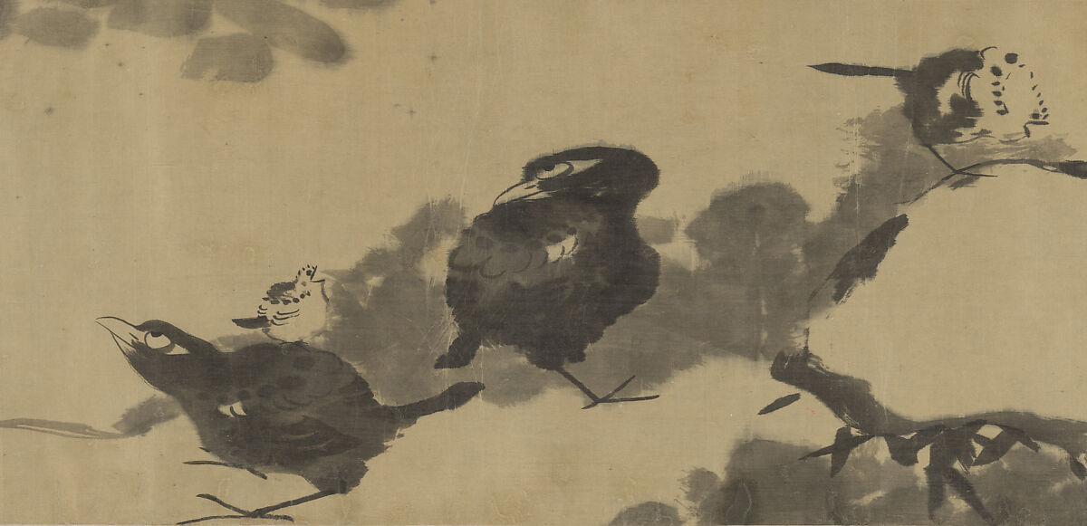 Birds in a lotus pond, Bada Shanren (Zhu Da) (Chinese, 1626–1705), Handscroll; ink on satin, China
