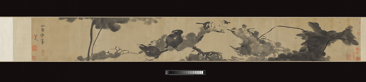 Birds in a lotus pond, Bada Shanren (Zhu Da) (Chinese, 1626–1705), Handscroll; ink on satin, China