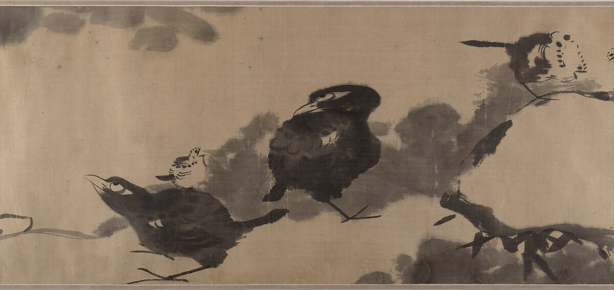 Birds in a lotus pond, Bada Shanren (Zhu Da) (Chinese, 1626–1705), Handscroll; ink on satin, China 