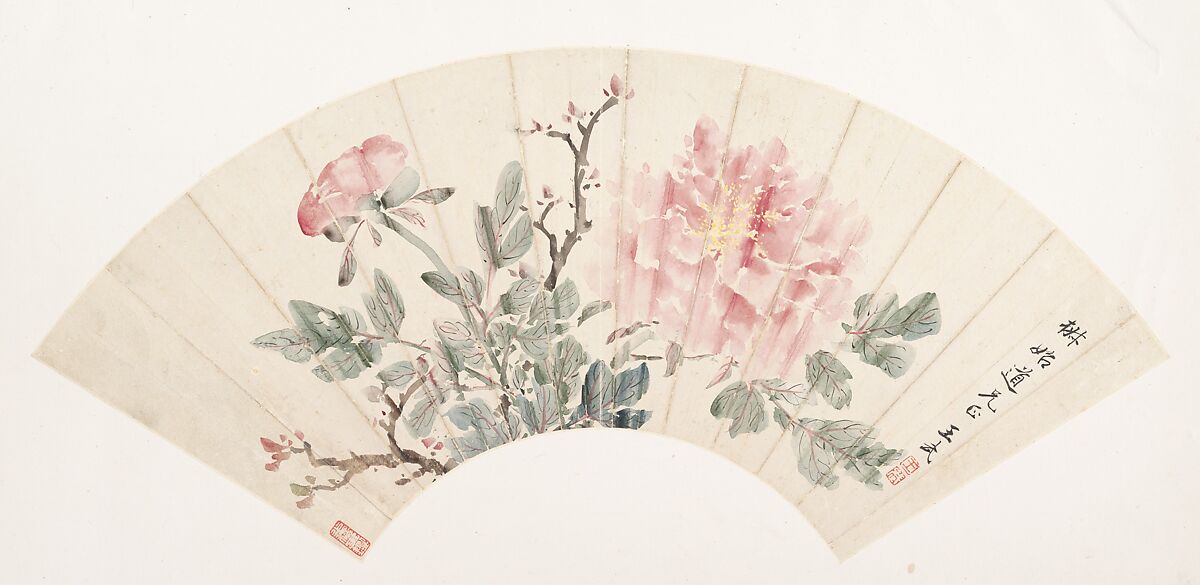 Peony, Wang Wu (Chinese, 1632–1690), Folding fan mounted as an album leaf; ink and color on paper, China 