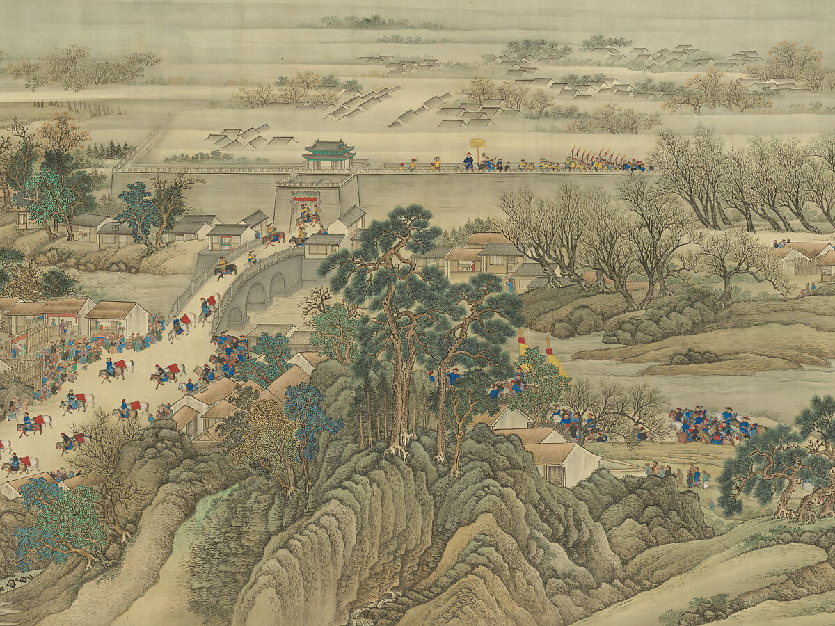 The Kangxi Emperor's Southern Inspection Tour, Scroll Three: Ji'nan to Mount Tai, Wang Hui (Chinese, 1632–1717) and assistants, Handscroll; ink and color on silk, China