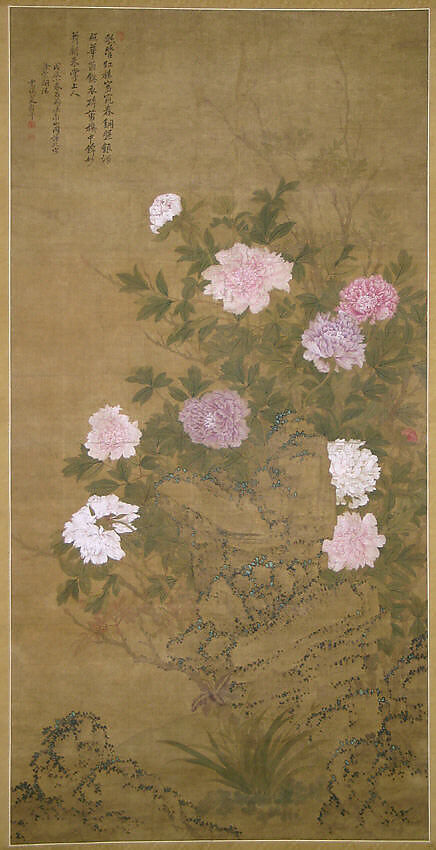 Tree Peonies, After Yun Shouping (Chinese, 1633–1690), Hanging scroll; ink and color on silk, China 