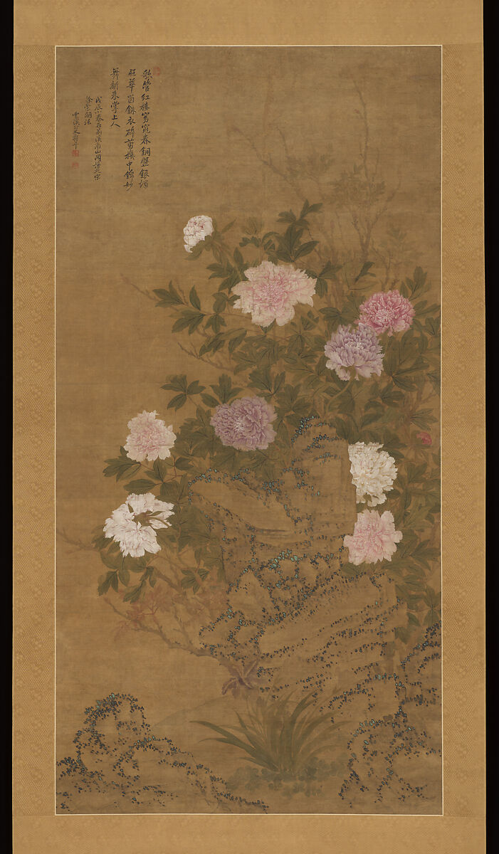 Tree Peonies, After Yun Shouping (Chinese, 1633–1690), Hanging scroll; ink and color on silk, China 