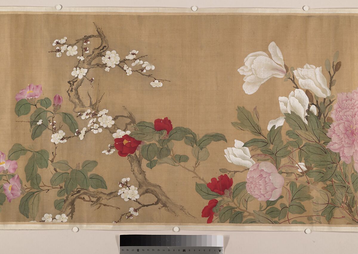 One Hundred Flowers, After Yun Shouping (Chinese, 1633–1690), Handscroll; ink and color on silk, China