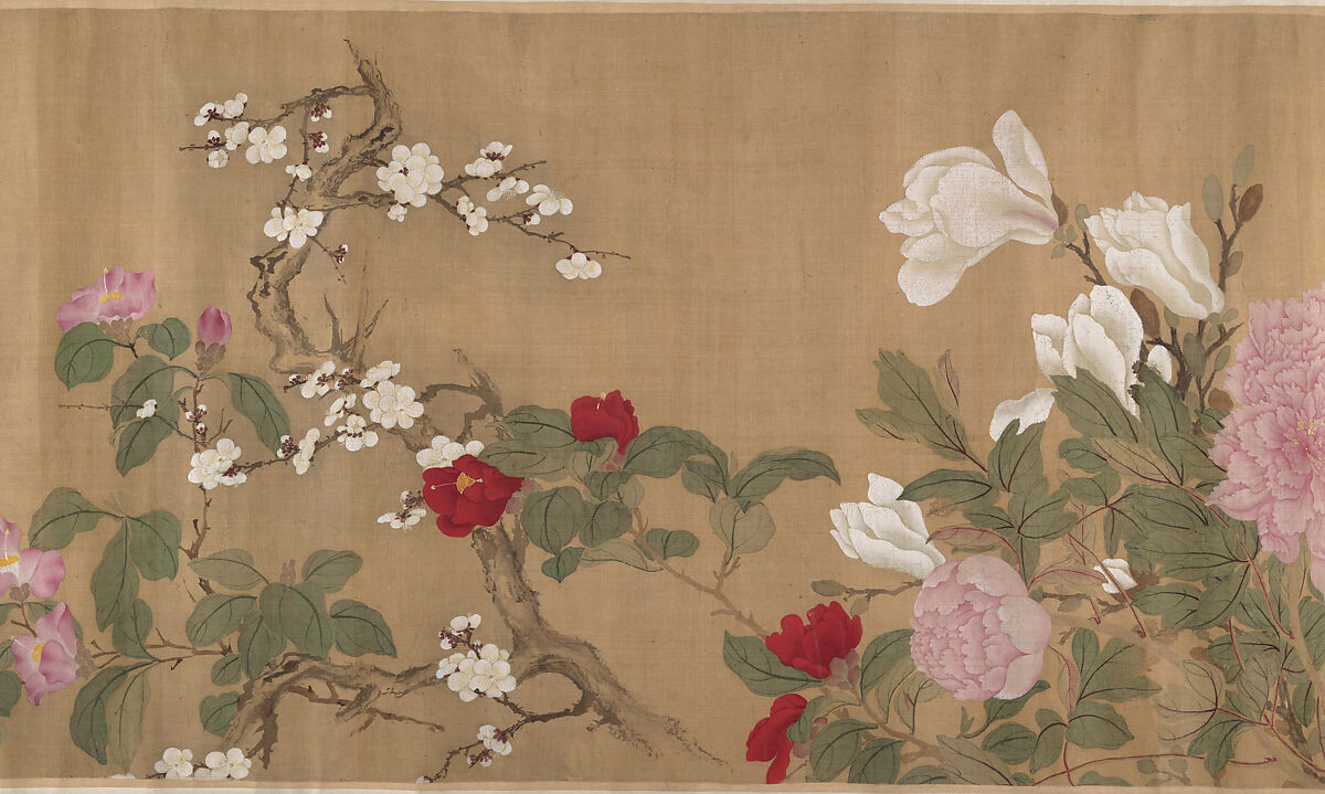 One Hundred Flowers, After Yun Shouping (Chinese, 1633–1690), Handscroll; ink and color on silk, China 