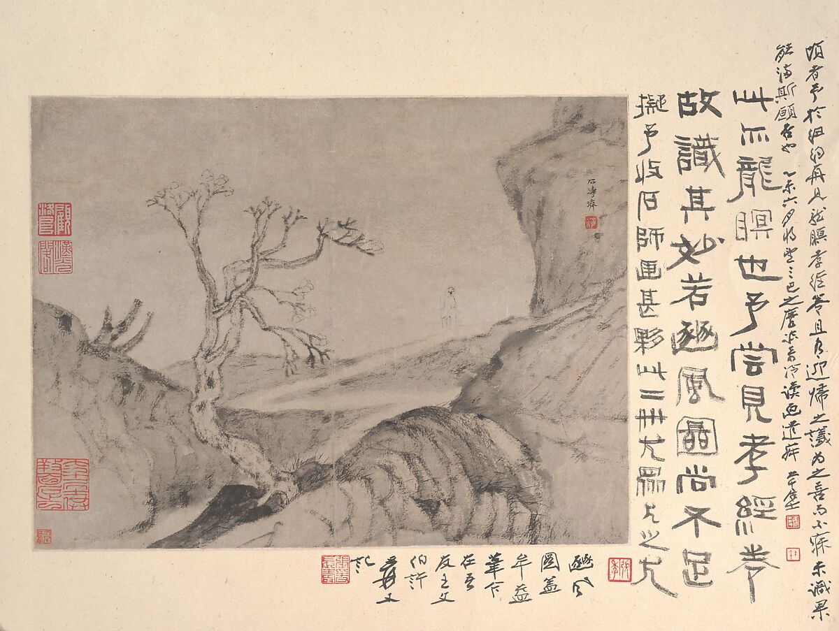 Landscape with solitary figure, Shitao (Zhu Ruoji) (Chinese, 1642–1707), Album leaf; ink on paper, China 