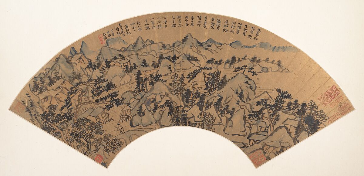 Landscape, Shitao (Zhu Ruoji) (Chinese, 1642–1707), Folding fan mounted as an album leaf; ink and color on gold-flecked paper, China 