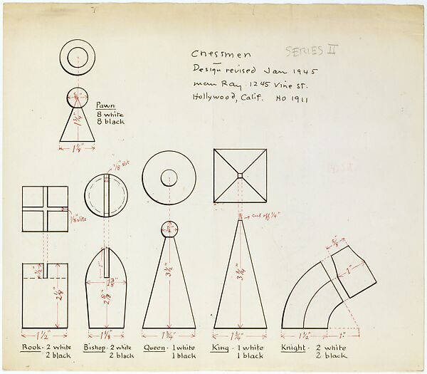 Design for Chess Pieces, Man Ray (American, Philadelphia, Pennsylvania 1890–1976 Paris), Pen and black and red ink, graphite, and red color pencil on paper 