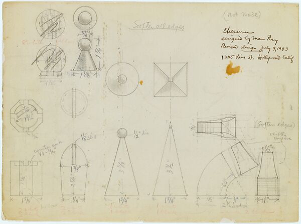 Design for Chess Pieces, Man Ray (American, Philadelphia, Pennsylvania 1890–1976 Paris), Graphite, colored pencil, and pen and brown ink on tracing paper 