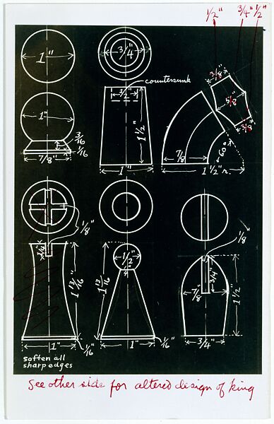 Design for Chess Pieces, Man Ray (American, Philadelphia, Pennsylvania 1890–1976 Paris), Contact print and red marker on photographic paper 