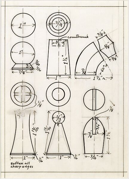 Design for Chess Pieces, Man Ray (American, Philadelphia, Pennsylvania 1890–1976 Paris), Pen and black ink and graphite on tracing paper 