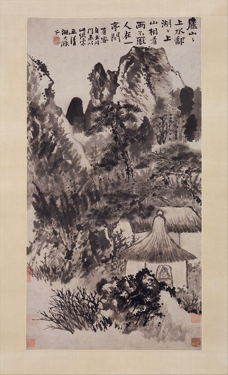 Hermitage in Mount Lu, Shitao (Zhu Ruoji) (Chinese, 1642–1707), Hanging scroll; ink on paper, China 