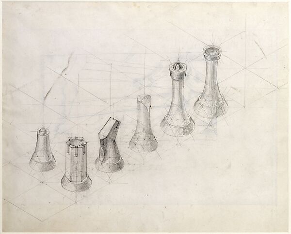 Perspective Study for Chess Pieces (recto); Lithograph Published in a 'Book of Divers Writings' (verso), Man Ray (American, Philadelphia, Pennsylvania 1890–1976 Paris), Graphite on paper (recto); Lithograph (verso) 