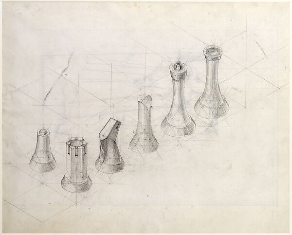 Perspective Study for Chess Pieces (recto); Lithograph Published in a 'Book of Divers Writings' (verso)