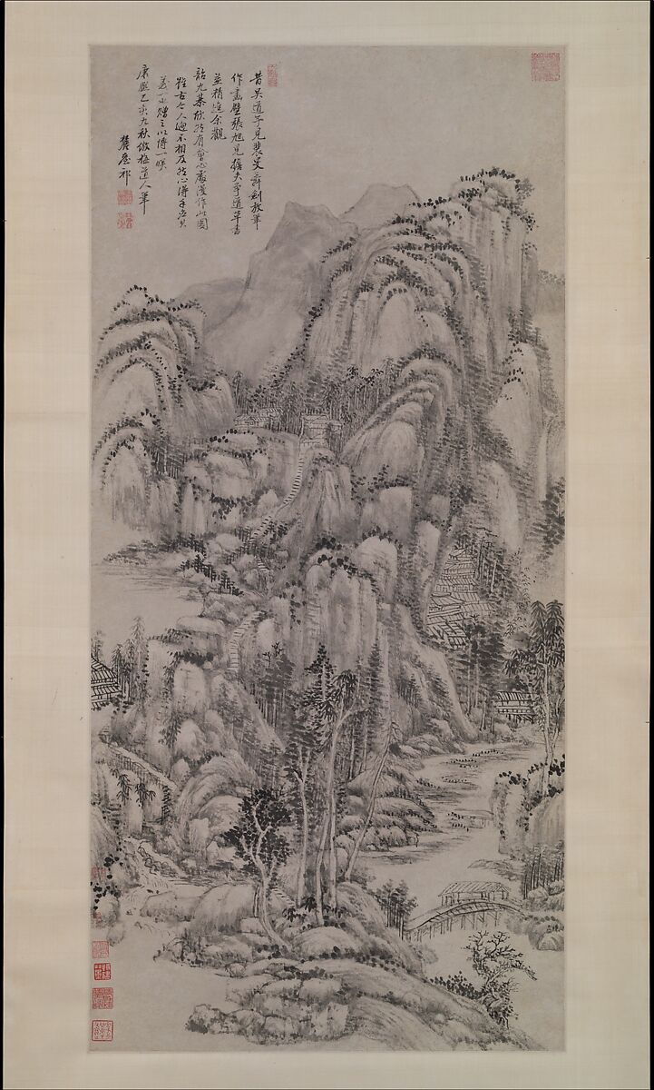 Landscape after Wu Zhen, Wang Yuanqi (Chinese, 1642–1715), Hanging scroll; ink on paper, China 