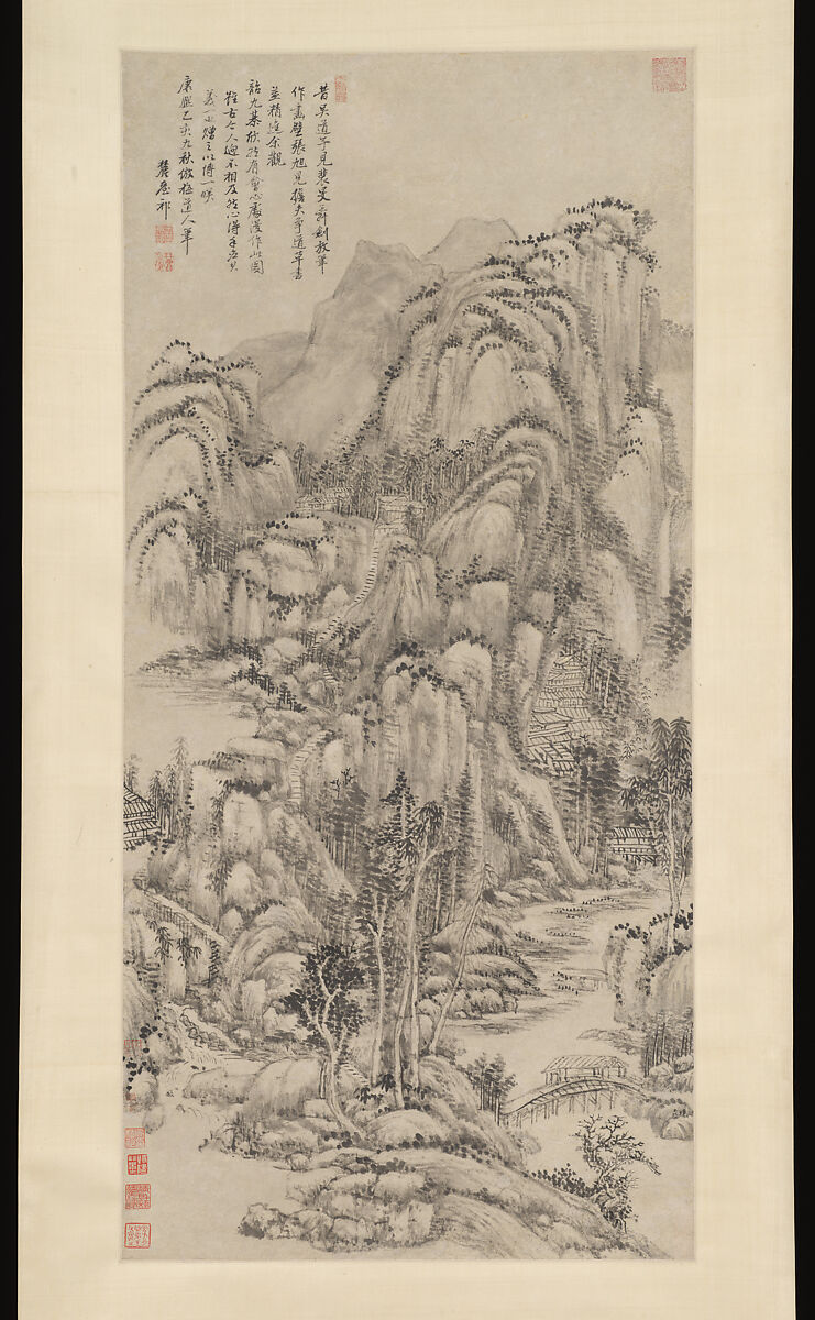 Landscape after Wu Zhen, Wang Yuanqi (Chinese, 1642–1715), Hanging scroll; ink on paper, China 