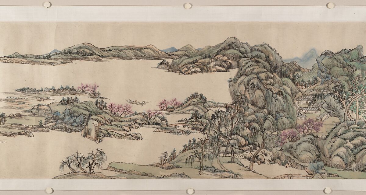 Fishing in River Country at Blossom Time, Wang Yuanqi (Chinese, 1642–1715), Handscroll; ink and color on paper, China