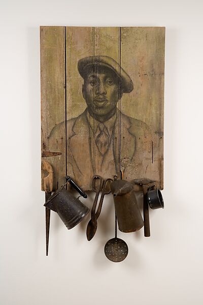 Wise Like That, Whitfield Lovell  American, Charcoal on wood panel with iron hinge, nails, screws and found metal and wood objects