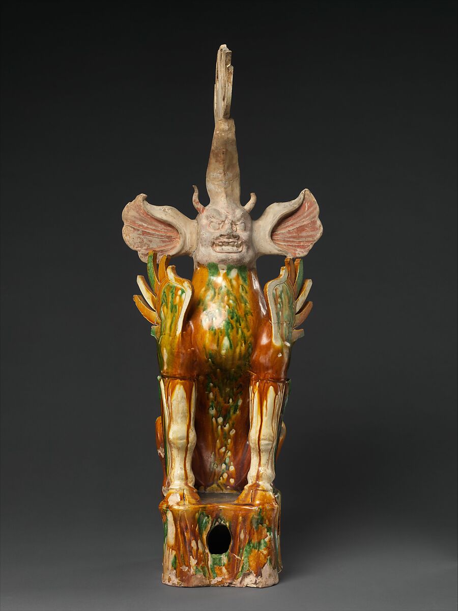 Tomb guardian beast (Zhenmushou), Earthenware with  pigment and three-color (sancai) glaze, China 