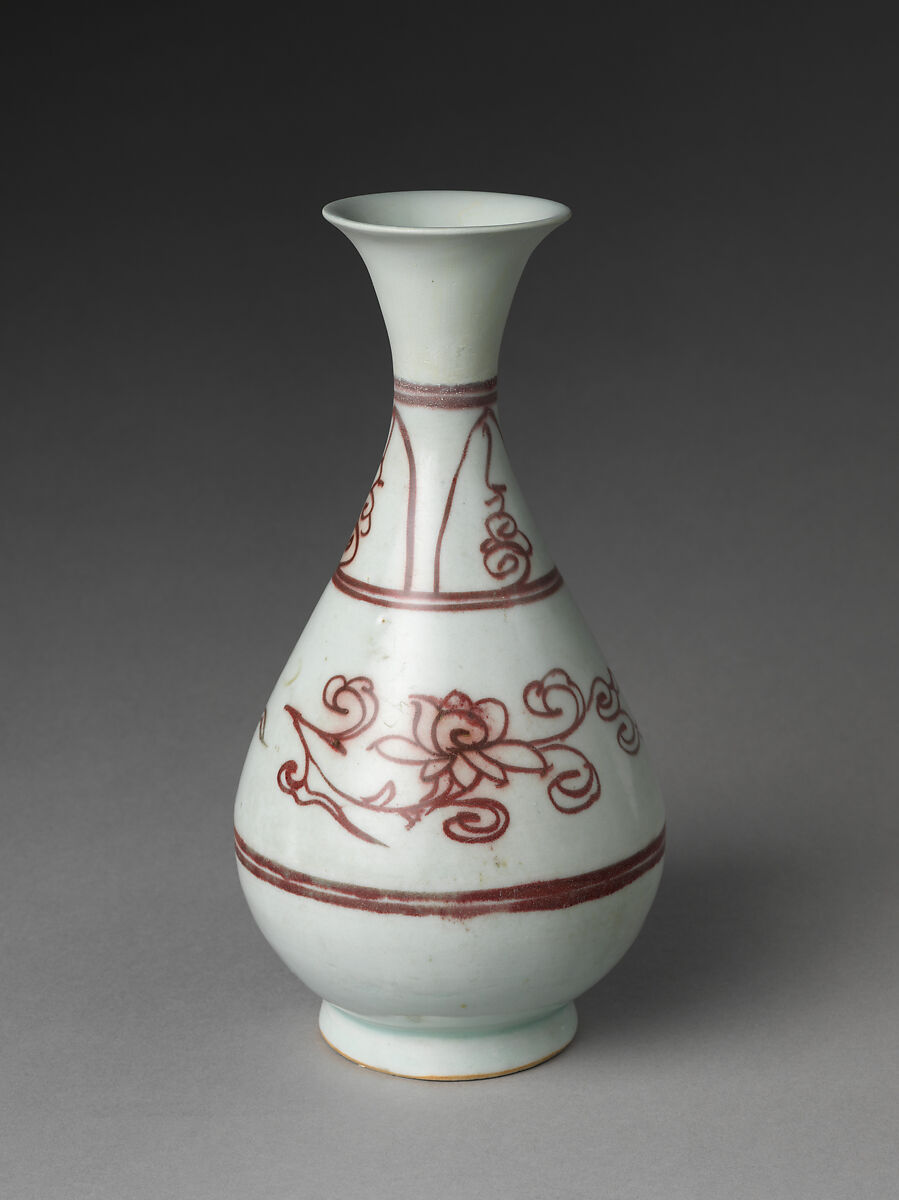 Bottle with Peonies, Porcelain painted with copper red under transparent glaze (Jingdezhen ware), China 