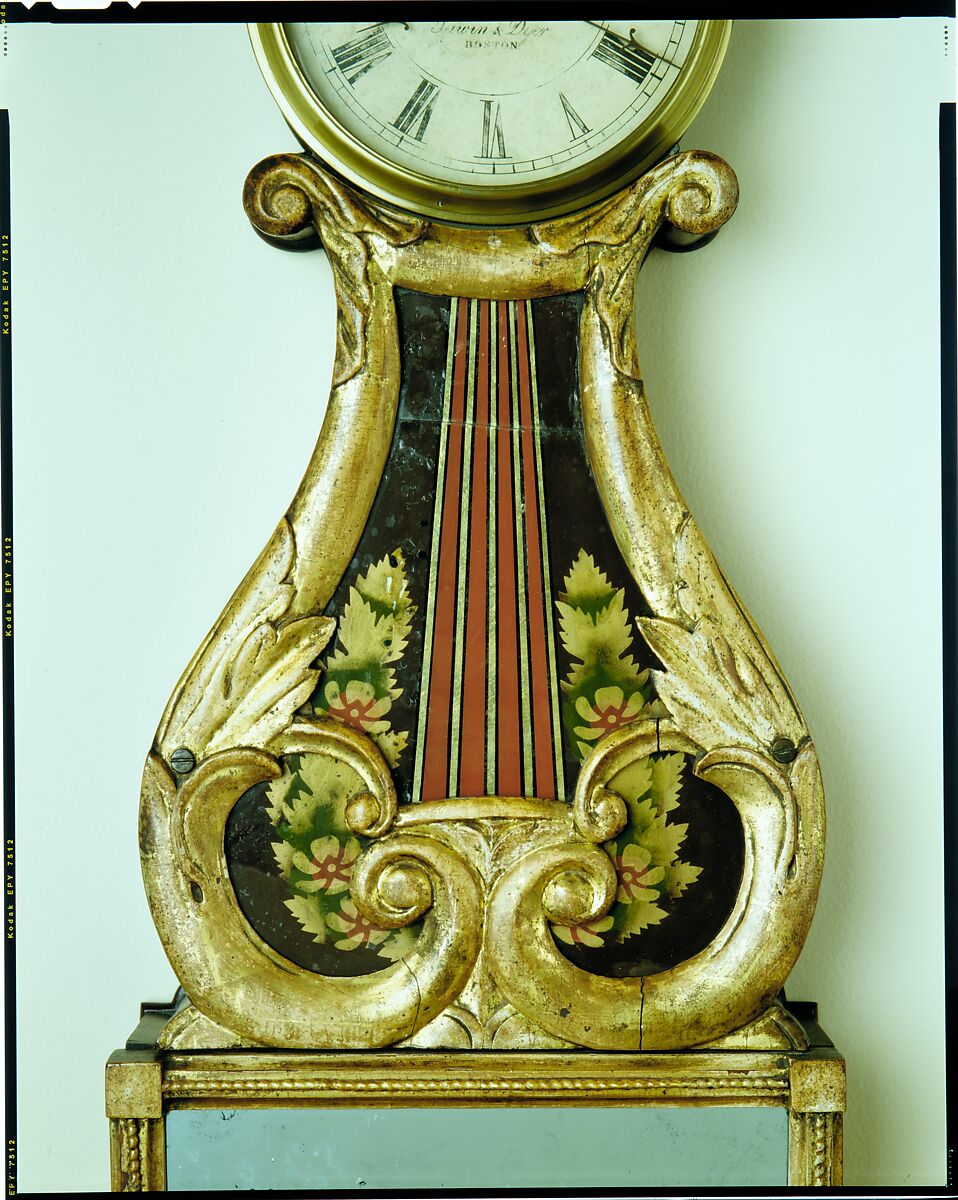Lyre Clock, John Sawin (1801–1863), Mahogany, gilt gesso, eglomise tablet, tulip poplar, white pine, American