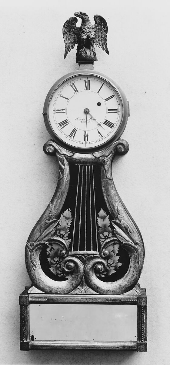 Lyre Clock, John Sawin (1801–1863), Mahogany, gilt gesso, eglomise tablet, tulip poplar, white
 pine, American 