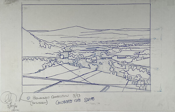 Preliminary composition for The Oxbow: After Church, After Cole, Flooded (Flooded River for the Matriarchs E. & A. Mongan), Green Light, Stephen Hannock (American, born Albany, New York, 1951), Pen and blue ink, colored pencil, and graphite on tracing paper 