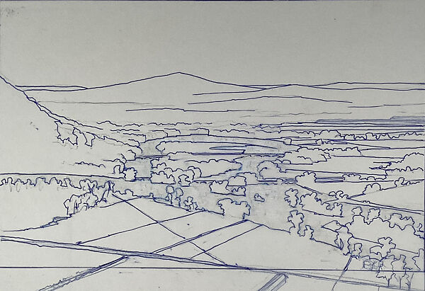 Preliminary composition for The Oxbow: After Church, After Cole, Flooded (Flooded River for the Matriarchs E. & A. Mongan), Green Light, Stephen Hannock (American, born Albany, New York, 1951), Pen and blue ink, colored pencil, and graphite on tracing paper