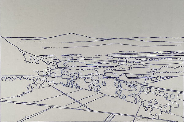 Final Composition for The Oxbow: After Church, After Cole, Flooded (Flooded River for the Matriarchs E. & A. Mongan), Green Light, Stephen Hannock (American, born Albany, New York, 1951), Pen and blue ink and white colored pencil on tracing paper