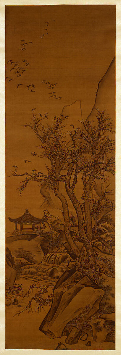 Magpies Gathering in a Grove by a Pavilion, Unidentified artist, Hanging scroll; ink and color on silk, China 