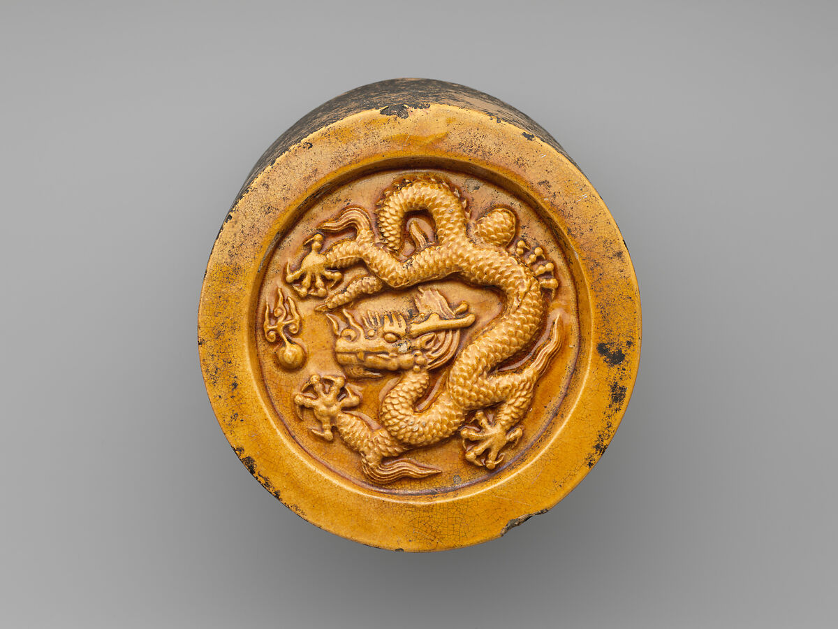 Roof-tile end with dragon, Earthenware with yellow glaze, China