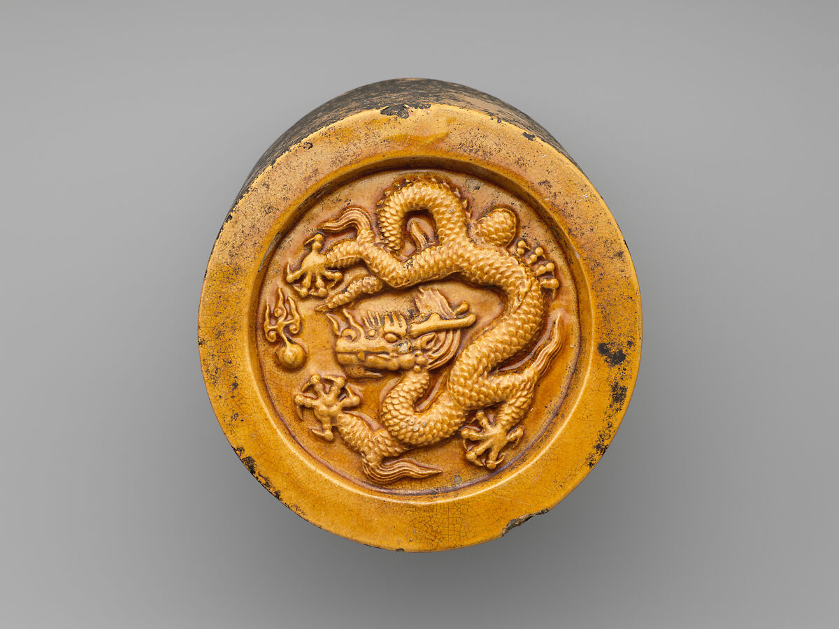 Roof-tile end with dragon, Earthenware with yellow glaze, China 